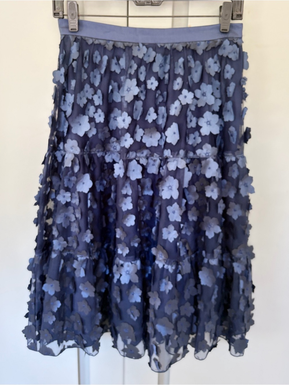 Eva Franco Anthropologie Buttercup Blue Floral Tiered Midi Skirt Size 4